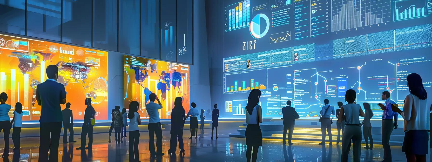 a bustling modern office with diverse professionals analyzing data on digital screens, surrounded by graphs and charts showcasing process improvements and auditing strategies in action.