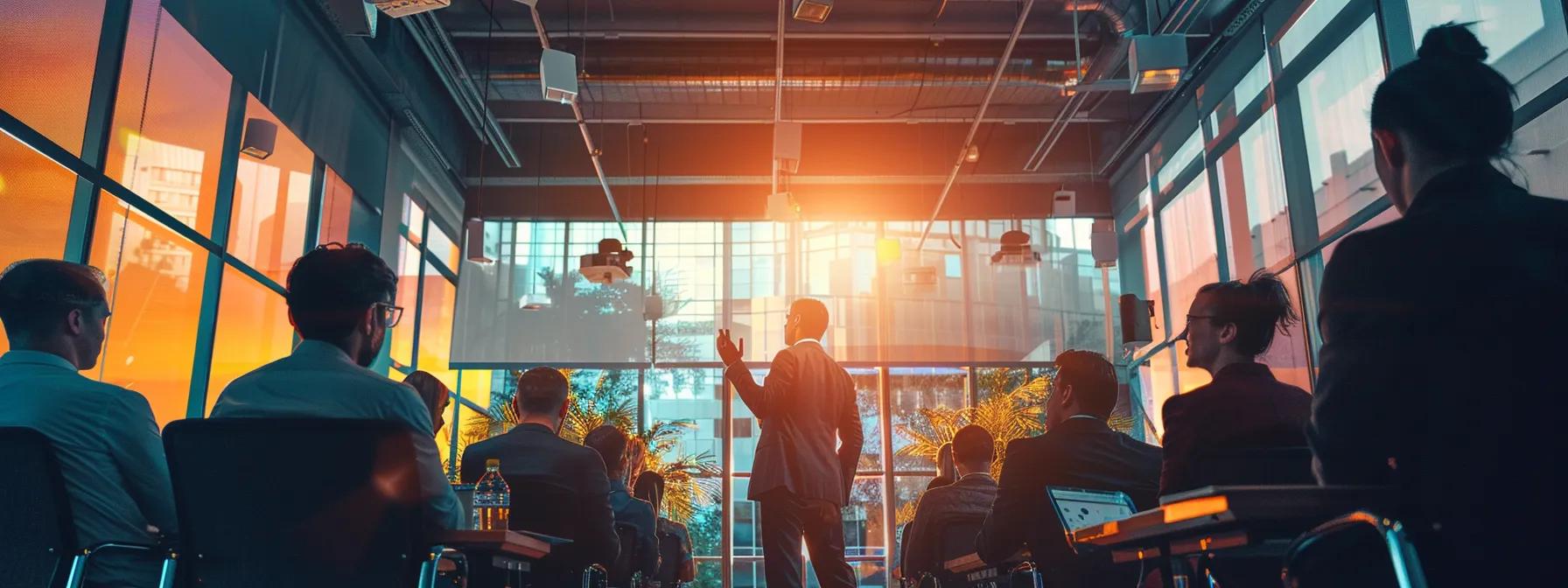 a dynamic conference room filled with engaged professionals, animatedly participating in a leadership training workshop with visual aids on strategic thinking and teamwork, illuminated by bright, focused lighting to emphasize collaboration and empowerment.