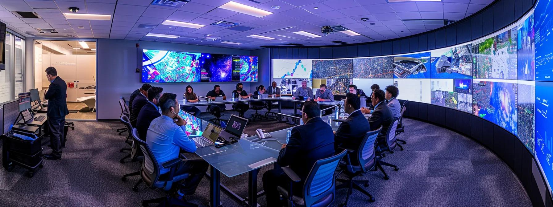 a dynamic corporate meeting room filled with diverse professionals collaborating around a sleek glass table, reviewing strategic frameworks on digital screens, symbolizing the transformation of organizational structures and team dynamics in a high-stakes business environment.