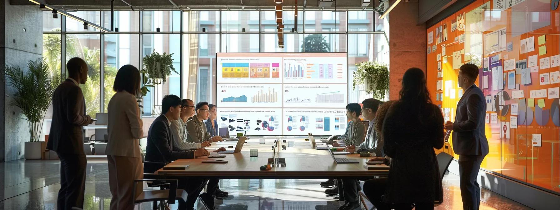 a dynamic executive-led kaizen workshop unfolds in a sleek, modern conference room, where diverse leaders engage in animated discussions around a large table, surrounded by vibrant visual aids that highlight agile change practices and strategic objectives.
