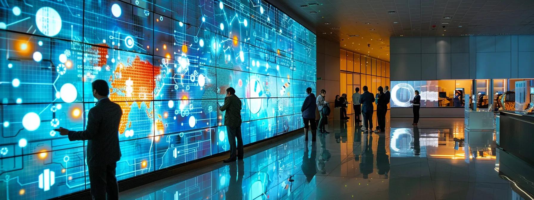 a dynamic office environment featuring professionals engaged in collaborative discussions around a large digital display showcasing resource optimization techniques and efficiency metrics, illuminated by bright, focused lighting to highlight their strategic insights.