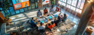 a dynamic office environment showcases a diverse group of professionals engaged in an interactive training session, featuring colorful modular learning paths displayed on digital screens, while animated discussions about change readiness and influencer training unfold around a central collaboration table.