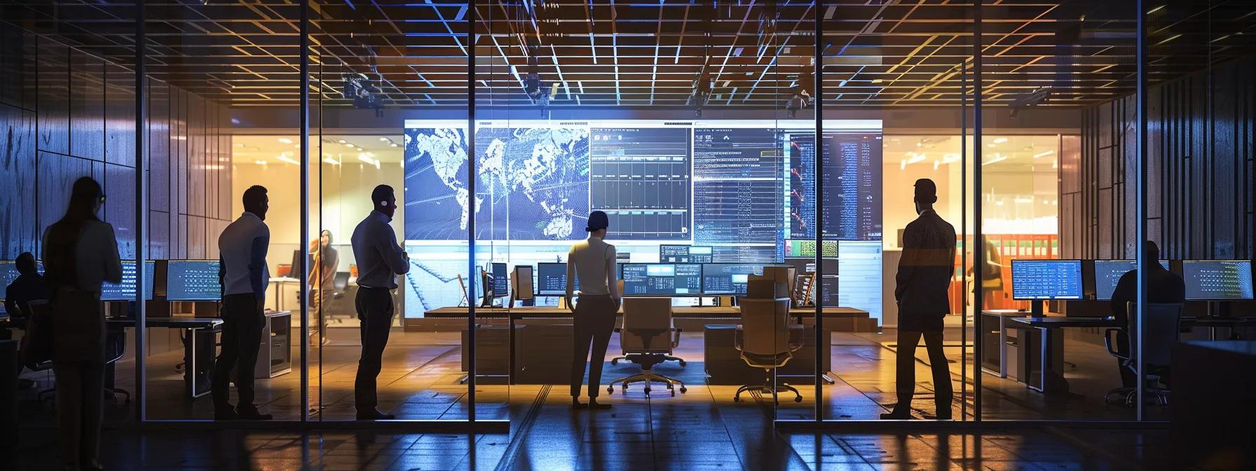 a dynamic office environment showcases a diverse team collaborating around a large digital screen displaying complex data analytics and value stream mapping, highlighting underutilized assets and skill sets for enhanced efficiency.