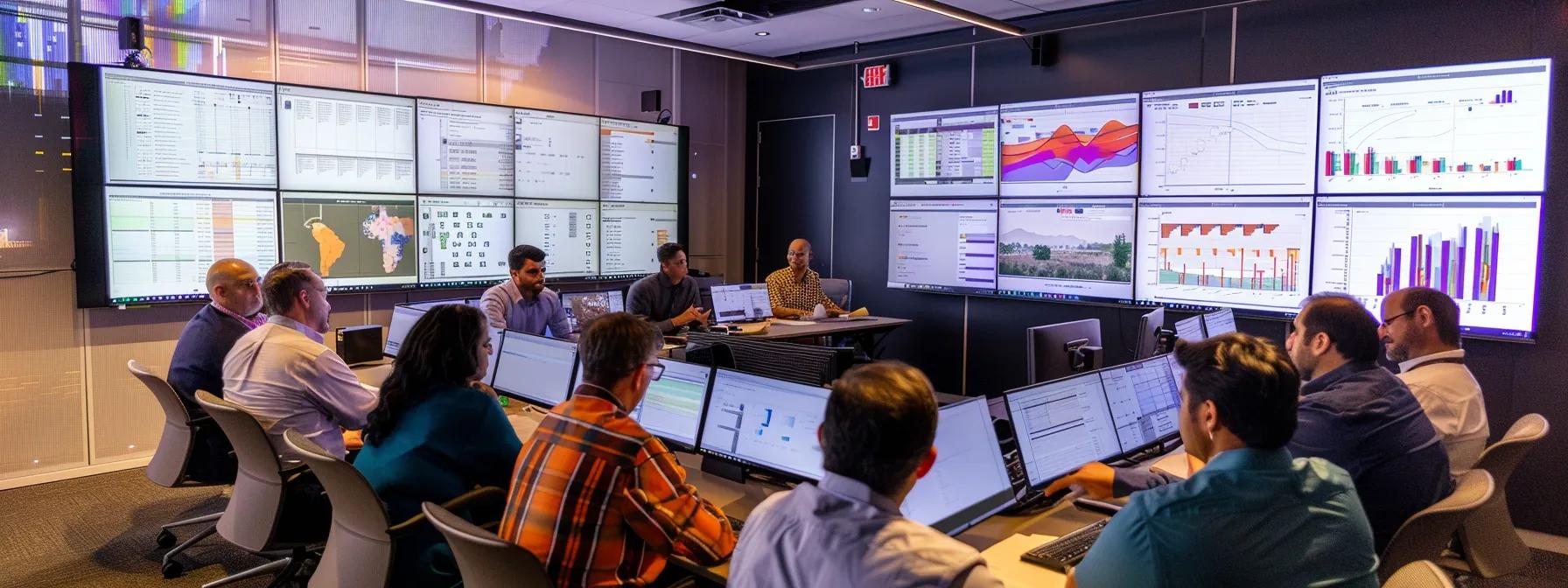 a dynamic office scene captures a diverse team of professionals gathered around a sleek conference table, intently analyzing audit reports displayed on digital screens, reflecting a vibrant atmosphere of collaboration and strategic improvement focused on enhancing operational efficiency.