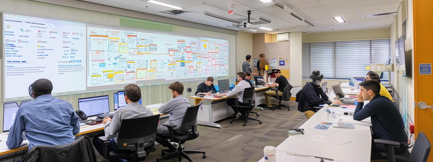 a dynamic office setting depicts a diverse team engaged in an intense brainstorming session, surrounded by whiteboards filled with colorful scenario maps and flowcharts, embodying a culture of inquiry that drives risk mitigation and process optimization.