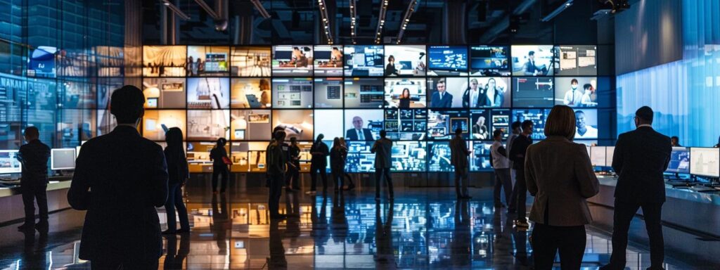 a dynamic office setting features a diverse group of consultants engaged in a strategic meeting, surrounded by digital screens displaying organizational development metrics, as they collaboratively design innovative leadership programs to drive transformation and enhance performance.