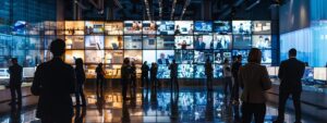 a dynamic office setting features a diverse group of consultants engaged in a strategic meeting, surrounded by digital screens displaying organizational development metrics, as they collaboratively design innovative leadership programs to drive transformation and enhance performance.