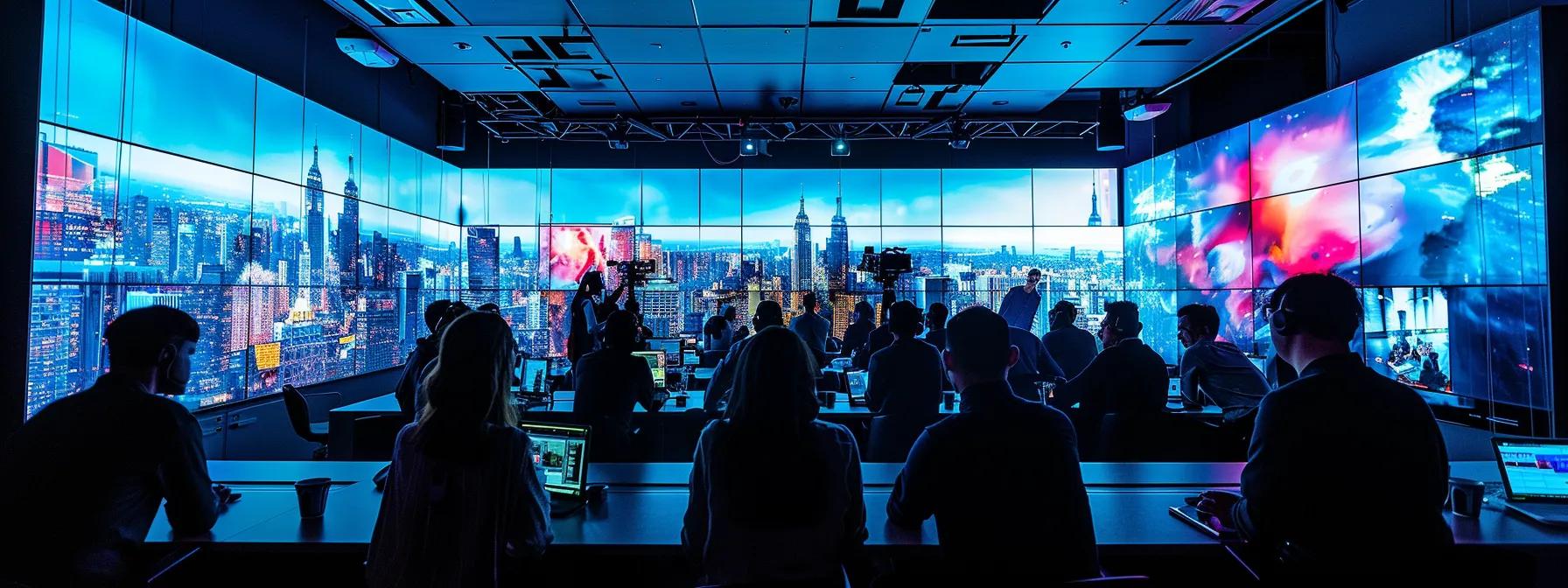 a dynamic office setting filled with diverse professionals engaged in data analytics on sleek digital dashboards and participating in a virtual reality leadership training session, illuminated by modern lighting that reflects a futuristic approach to scalability consulting.