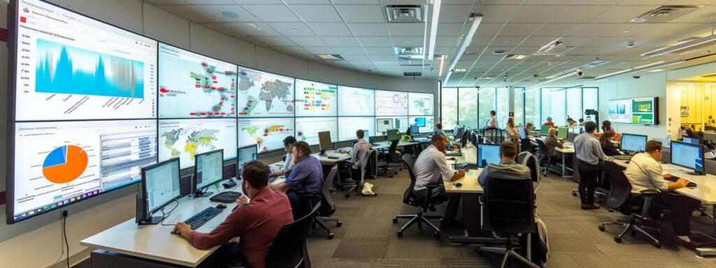 a dynamic office setting showcases a diverse team engaged in a collaborative workshop, surrounded by digital dashboards displaying process metrics and leadership trends, as they actively develop integrated roadmaps for innovative business strategies.