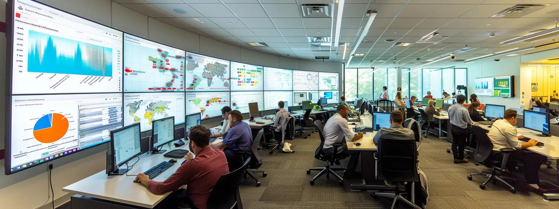 a dynamic office setting showcases a diverse team engaged in a collaborative workshop, surrounded by digital dashboards displaying process metrics and leadership trends, as they actively develop integrated roadmaps for innovative business strategies.