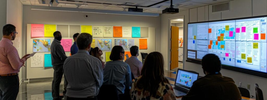 a dynamic office setting showcases a diverse group of entrepreneurs engaged in a strategic planning session, surrounded by modern technology tools and colorful kanban boards, symbolizing the foundational elements of startup success and growth.