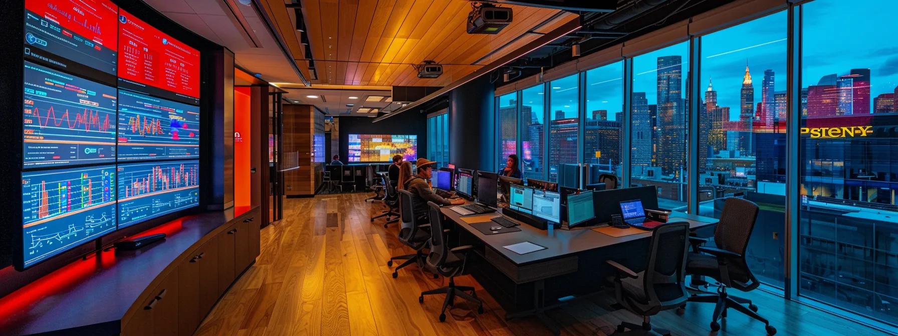 a dynamic office space showcases a diverse team of professionals collaborating around a sleek conference table, analyzing digital audit reports displayed on vibrant screens, as they strategize transformative change management initiatives to streamline operations and enhance compliance.