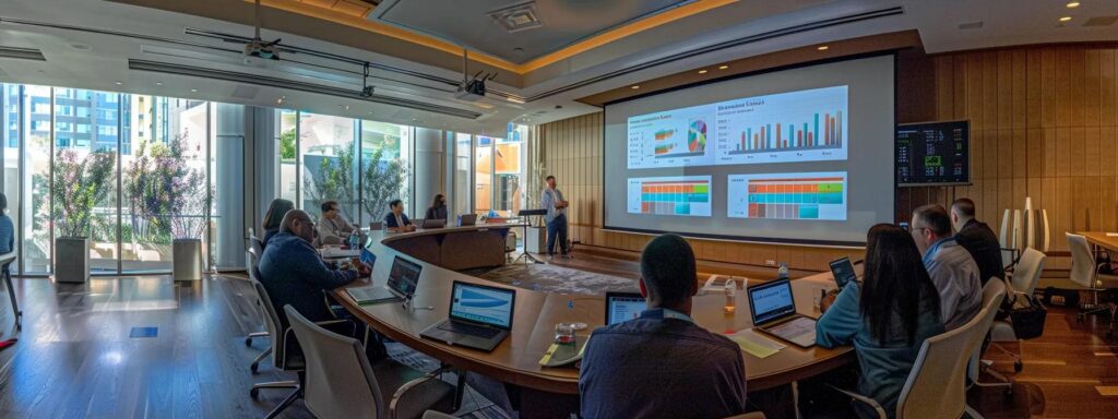 a dynamic training workshop setting showcases engaged professionals collaborating around a modern conference table, with vibrant visuals of performance metrics and strategic frameworks projected on a screen, symbolizing the impactful growth attained through leadership training.