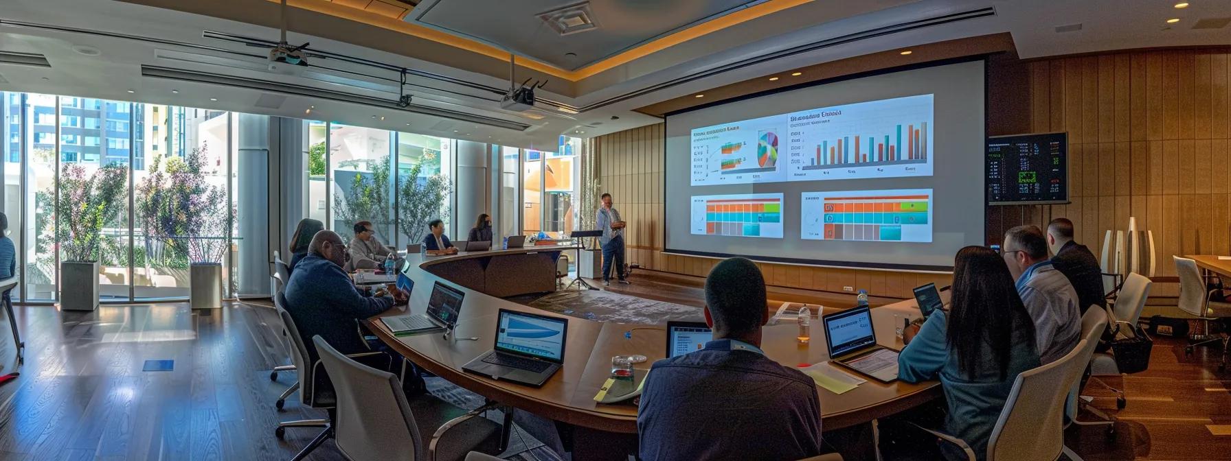 a dynamic training workshop setting showcases engaged professionals collaborating around a modern conference table, with vibrant visuals of performance metrics and strategic frameworks projected on a screen, symbolizing the impactful growth attained through leadership training.