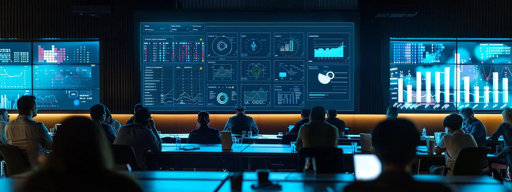 a modern conference room filled with engaged professionals analyzing a vibrant digital dashboard displaying growth metrics and strategic goals, emphasizing the impact of scalability consulting on organizational expansion.