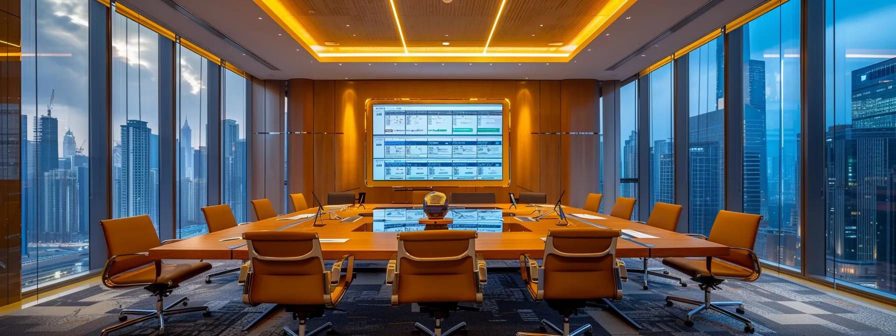 a modern corporate boardroom, featuring a central performance dashboard displaying interconnected kpis, where diverse leaders engage in a collaborative discussion, illuminated by sleek overhead lighting and framed by glass walls that reveal a bustling cityscape beyond.
