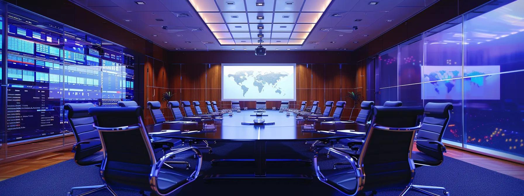 a modern corporate boardroom filled with executives analyzing dynamic digital dashboards showcasing predictive analytics and heat maps, emphasizing the future-focused audit strategies for ongoing business success amidst a backdrop of sleek technology and real-time data visuals.
