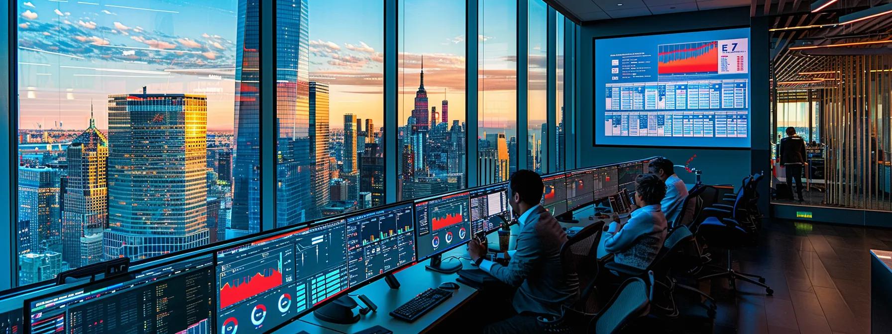 a modern corporate office filled with engaged professionals analyzing data on sleek monitors, while a digital display prominently showcases a strategic flowchart depicting business continuity planning and recovery strategies amidst a backdrop of bustling cityscape through large windows.