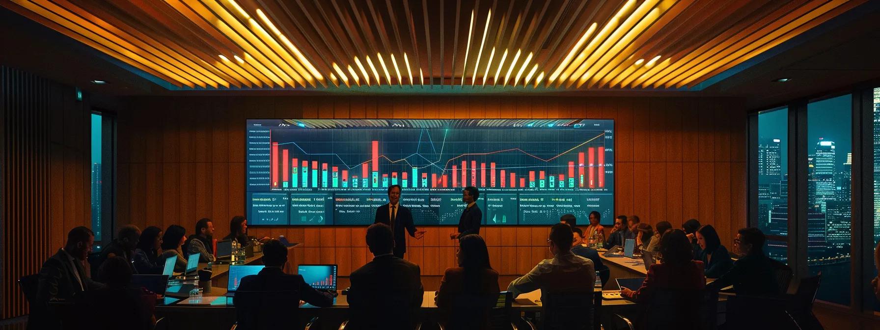 a modern office conference room is illuminated by overhead lights as a diverse group of business professionals attentively analyzes a digital presentation displaying efficiency metrics and improvement statistics, emphasizing the impact of leadership training on performance and sustainability.
