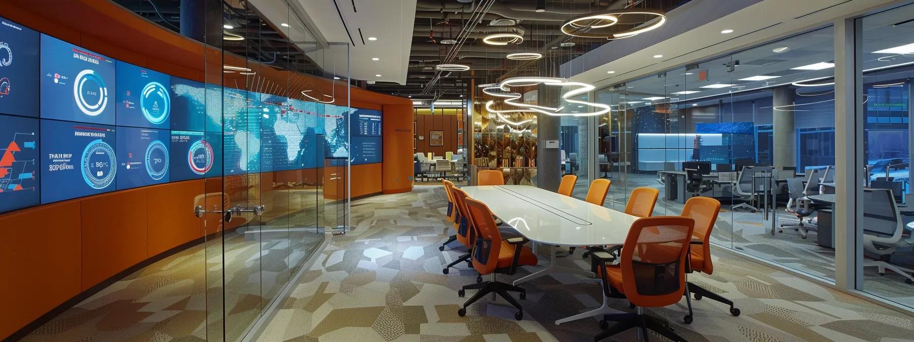 a modern office conference room features a sleek digital dashboard displaying real-time kpis, while a diverse team of professionals collaborates around a contemporary table, illustrating the efficiency assessment roadmap through engaging discussions and strategic planning.
