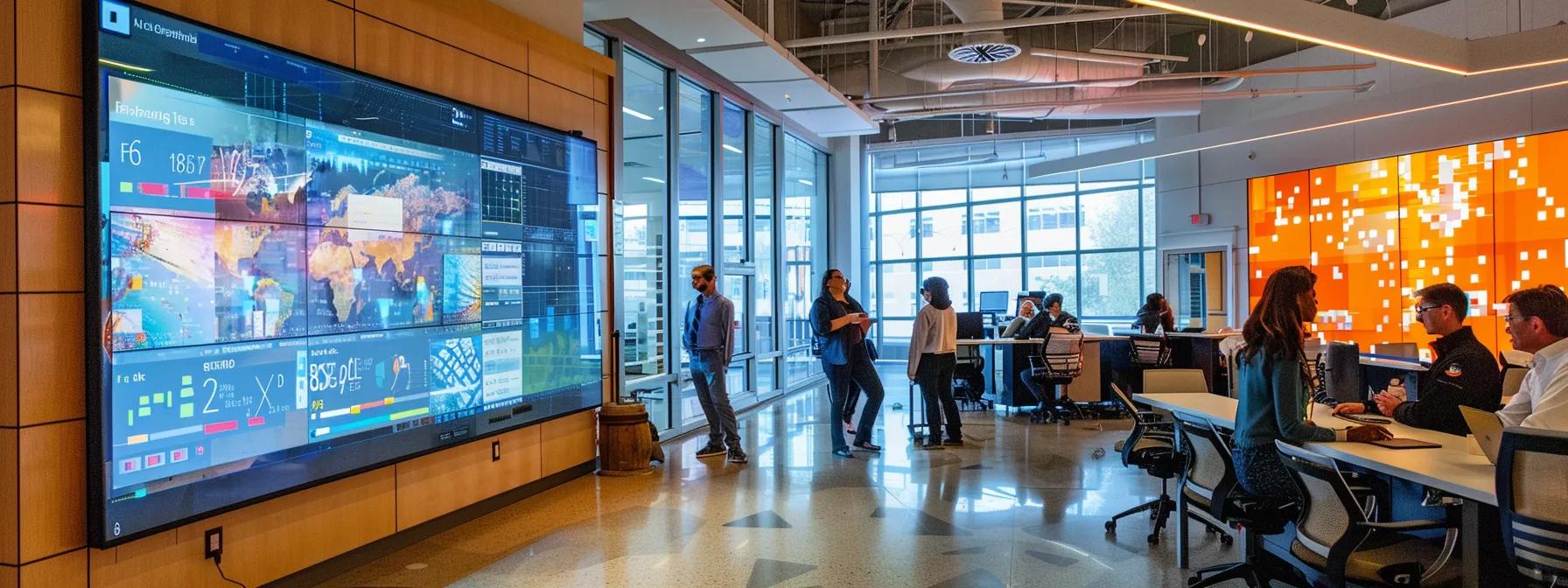 a modern office environment features a large interactive screen displaying real-time adaptive training modules, where engaged professionals gather around to discuss compliance scenarios and operational risk strategies, illuminated by focused task lighting.