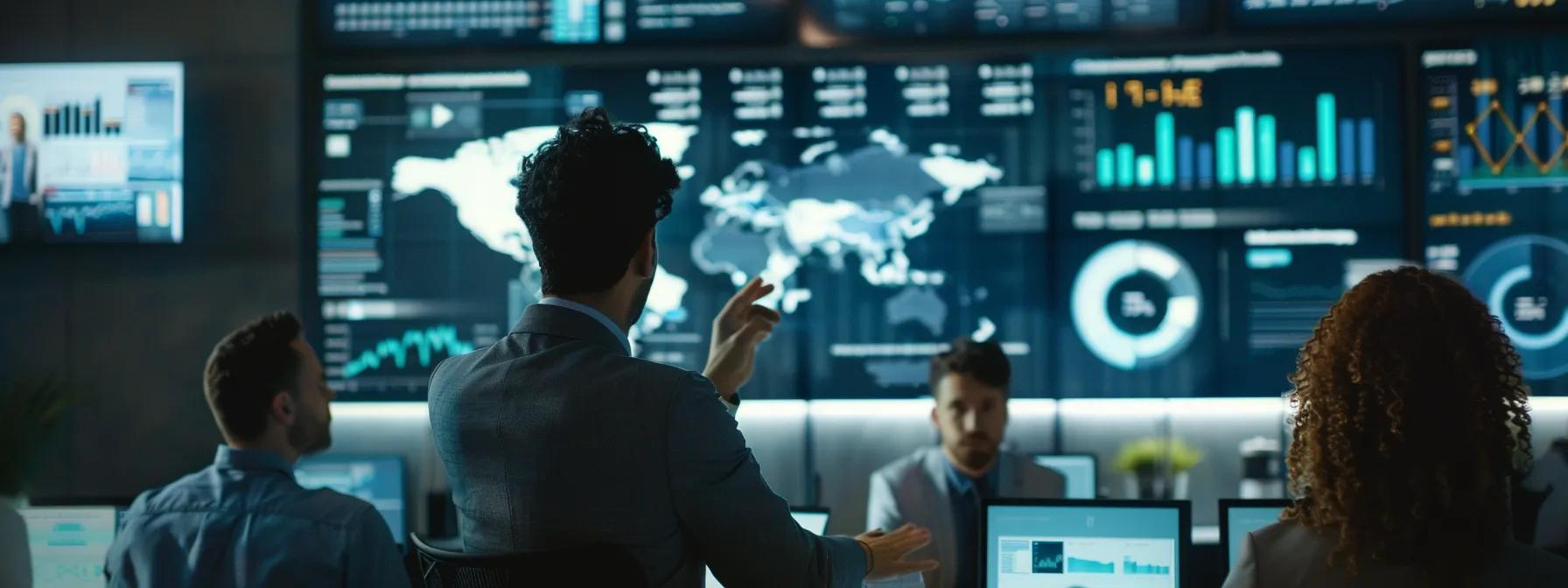 a modern office environment showcases a diverse team of professionals engaged in a dynamic efficiency assessment meeting, with digital dashboards displaying performance metrics and analytics on sleek monitors, emphasizing collaboration and strategic improvements.