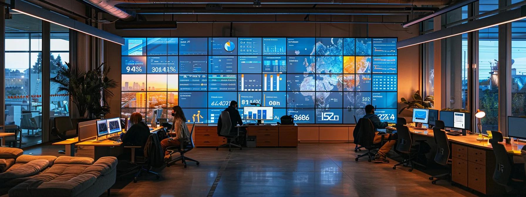 a modern office environment showcases a dynamic team engaged in a collaborative meeting, surrounded by data dashboards displaying performance metrics on large screens, emphasizing the impactful results of operational audits on business efficiency and productivity.