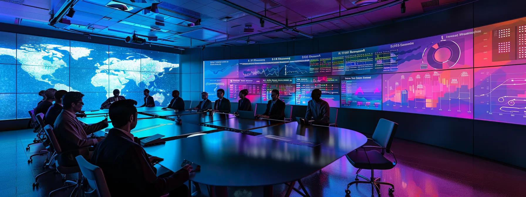 a modern office setting showcases a diverse team of professionals engaged in a strategic brainstorming session around a sleek conference table, with digital screens displaying vibrant audit metrics and process flowcharts, emphasizing collaboration and innovation for sustainable business improvement.