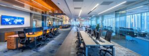 a modern office workspace filled with sleek technology displays and digital dashboards showcasing real-time data analytics, illustrating the efficiency and integration of robotic process automation and workflow management in streamlining operations.