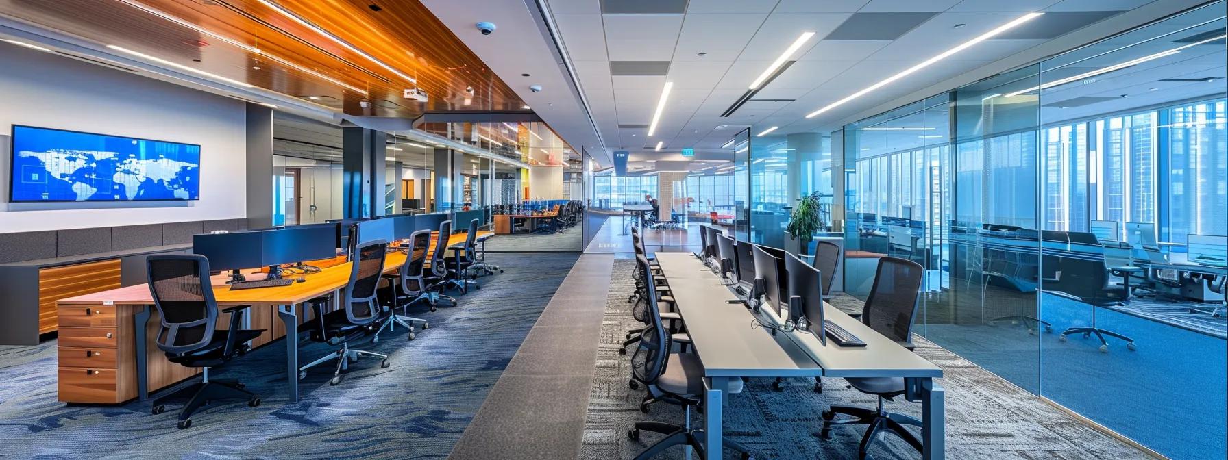 a modern office workspace filled with sleek technology displays and digital dashboards showcasing real-time data analytics, illustrating the efficiency and integration of robotic process automation and workflow management in streamlining operations.