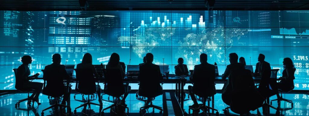 a professional team gathered around a high-tech conference table, analyzing vibrant data visualizations on a large screen, embodying the transformative power of operational audits in business efficiency and strategic performance.