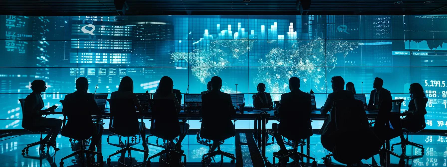 a professional team gathered around a high-tech conference table, analyzing vibrant data visualizations on a large screen, embodying the transformative power of operational audits in business efficiency and strategic performance.