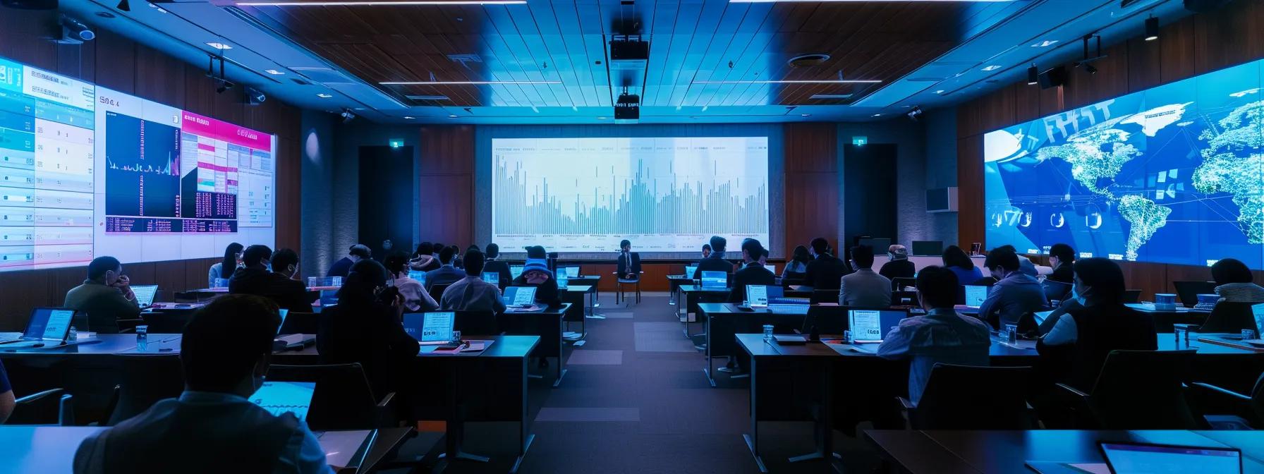 a sleek, modern conference room with a large digital screen displaying a visual representation of integrated audit and risk management frameworks, surrounded by engaged professionals analyzing data and discussing strategies for enhancing operational efficiency.