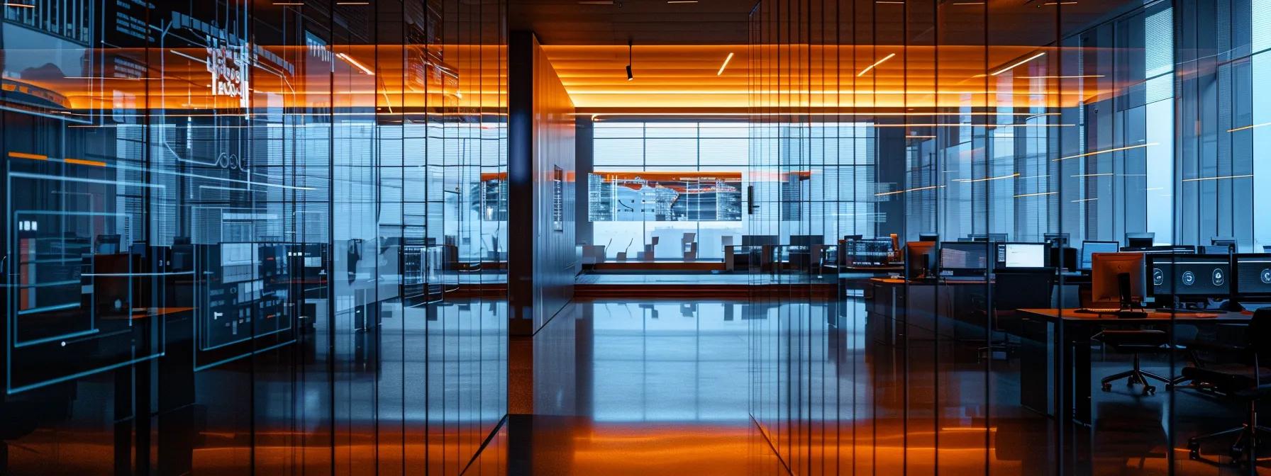a sleek, modern executive office filled with high-tech screens displaying an interactive matrix of integrated strategies, neatly illustrating methodology roi, training impact, and audit findings, all under focused, ambient lighting that highlights the atmosphere of operational excellence.