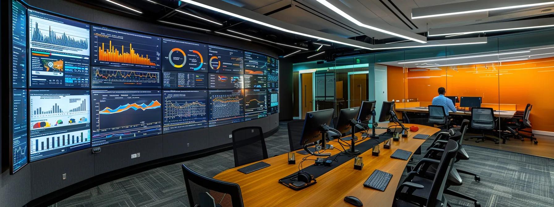 a sleek, modern office conference room, illuminated by overhead lighting, showcases a diverse team reviewing a digital dashboard displaying graphs and metrics pertaining to operational audit findings, emphasizing collaboration and strategic planning for process improvements.