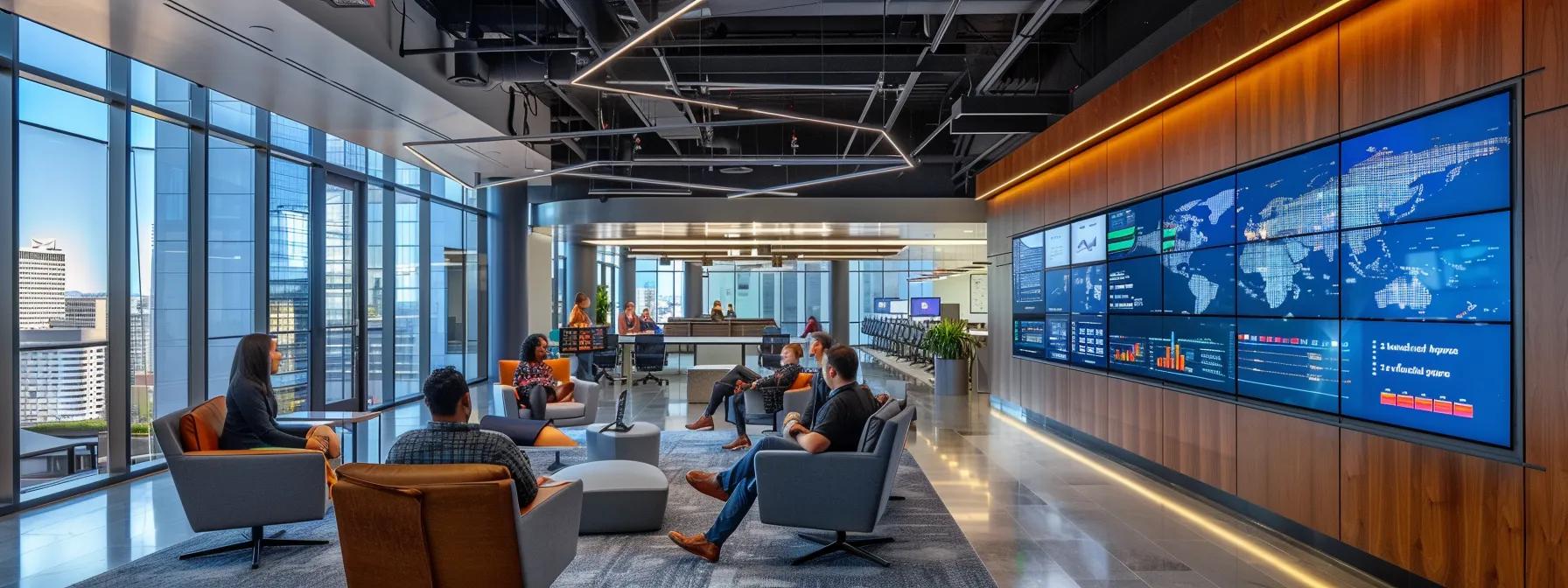 a sleek, modern office environment showcases a diverse team of professionals engaged in a collaborative strategy session, with vibrant charts and data analytics displayed prominently on digital screens, symbolizing the pursuit of operational excellence and continuous improvement in business performance.