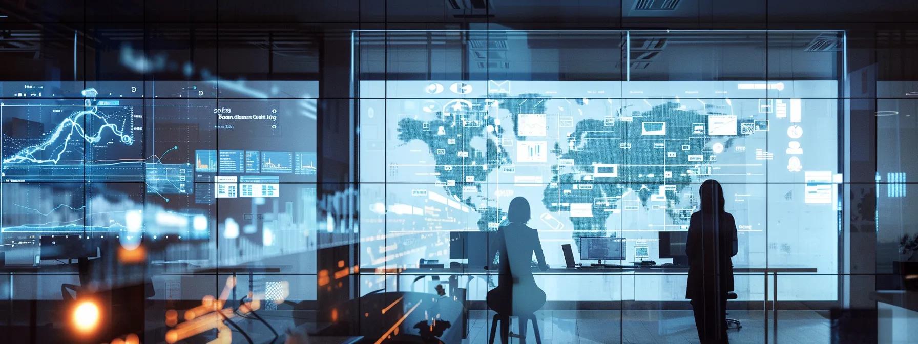 a sleek, modern office environment showcases a diverse team collaborating around a digital whiteboard, analyzing data visualizations and workflow maps that illustrate integrated assessment and automation strategies for enhancing business performance.