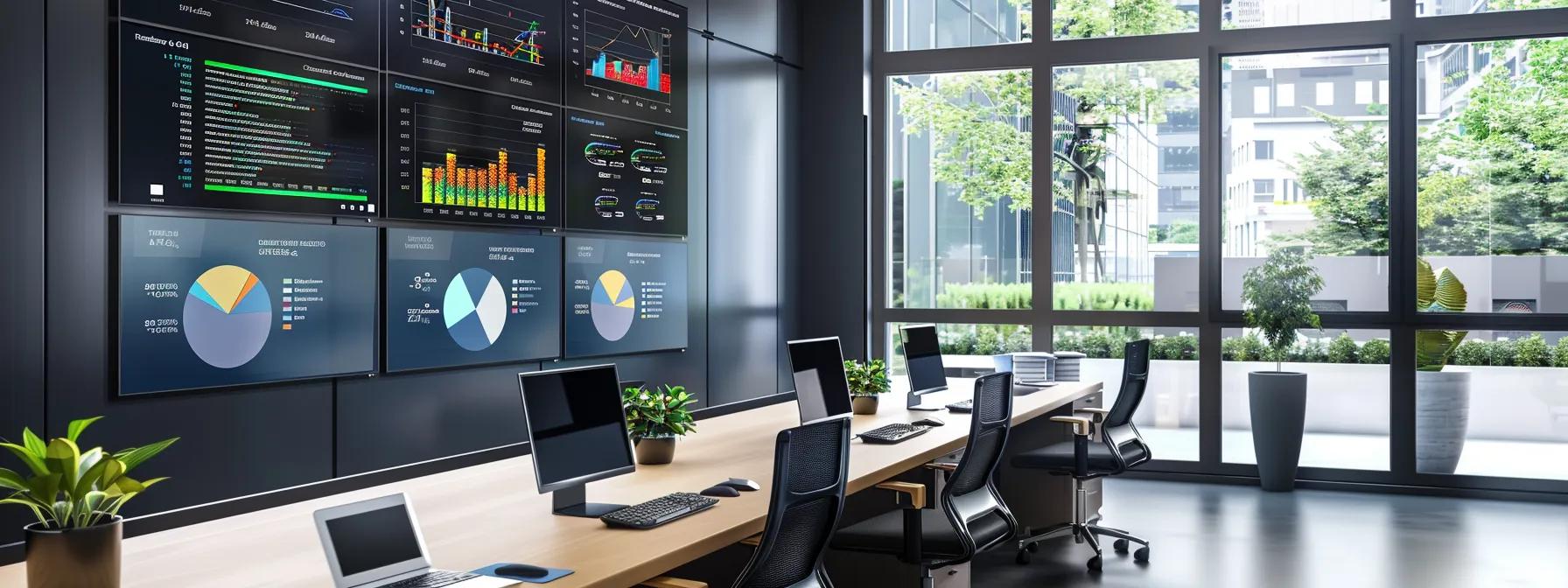 a sleek modern office filled with vibrant performance dashboards and balanced scorecards displayed on multiple screens, showcasing real-time analytics that emphasize data-driven decision-making and continuous learning in a dynamic workspace.