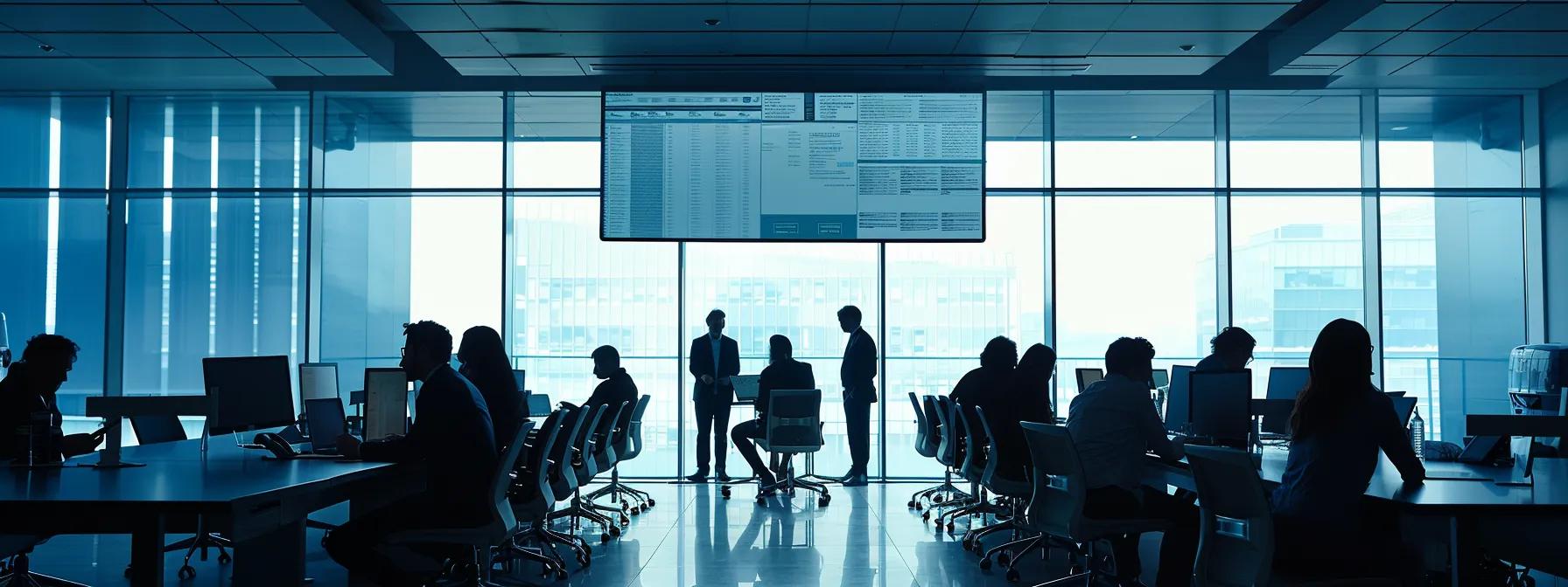 a sleek, modern office filled with professionals analyzing digital workflow maps on large screens and collaborating over data reports, symbolizing the transformative power of efficiency assessment services in refining business processes.