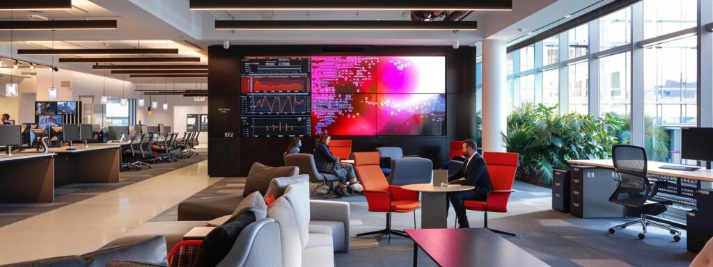 a sleek, modern office filled with data-driven visuals and digital dashboards, showcasing a team of professionals collaboratively analyzing workflow maps and performance metrics on large screens, emphasizing the pursuit of operational efficiency and performance enhancement.