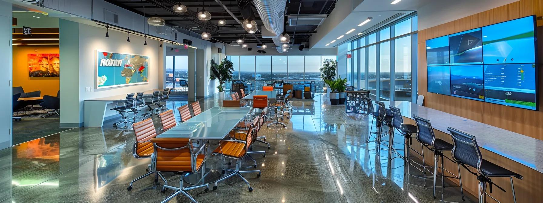 a sleek, modern office setting showcases a professional team engaged in a dynamic strategy session, surrounded by colorful visual aids of process improvement methodologies like lean and six sigma, highlighting efficiency metrics and workflows on polished screens and whiteboards.