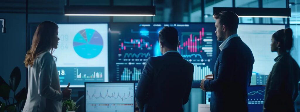 a vibrant office setting features a diverse team engaged in a dynamic brainstorming session, surrounded by digital charts showing impressive growth metrics and collaborative tools, illustrating the successful integration of lean six sigma techniques and agile methodologies for organizational improvement.