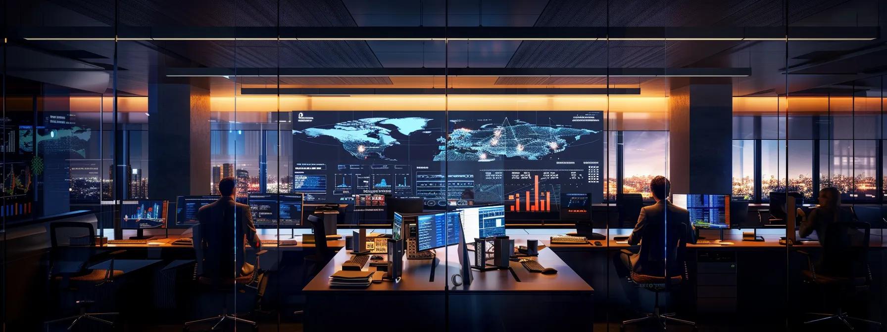 a sleek, modern office workspace with diverse professionals engaged in a strategy meeting, analyzing a digital dashboard displaying audit findings and risk mitigation plans, illuminated by bright overhead lights and framed by contemporary décor.